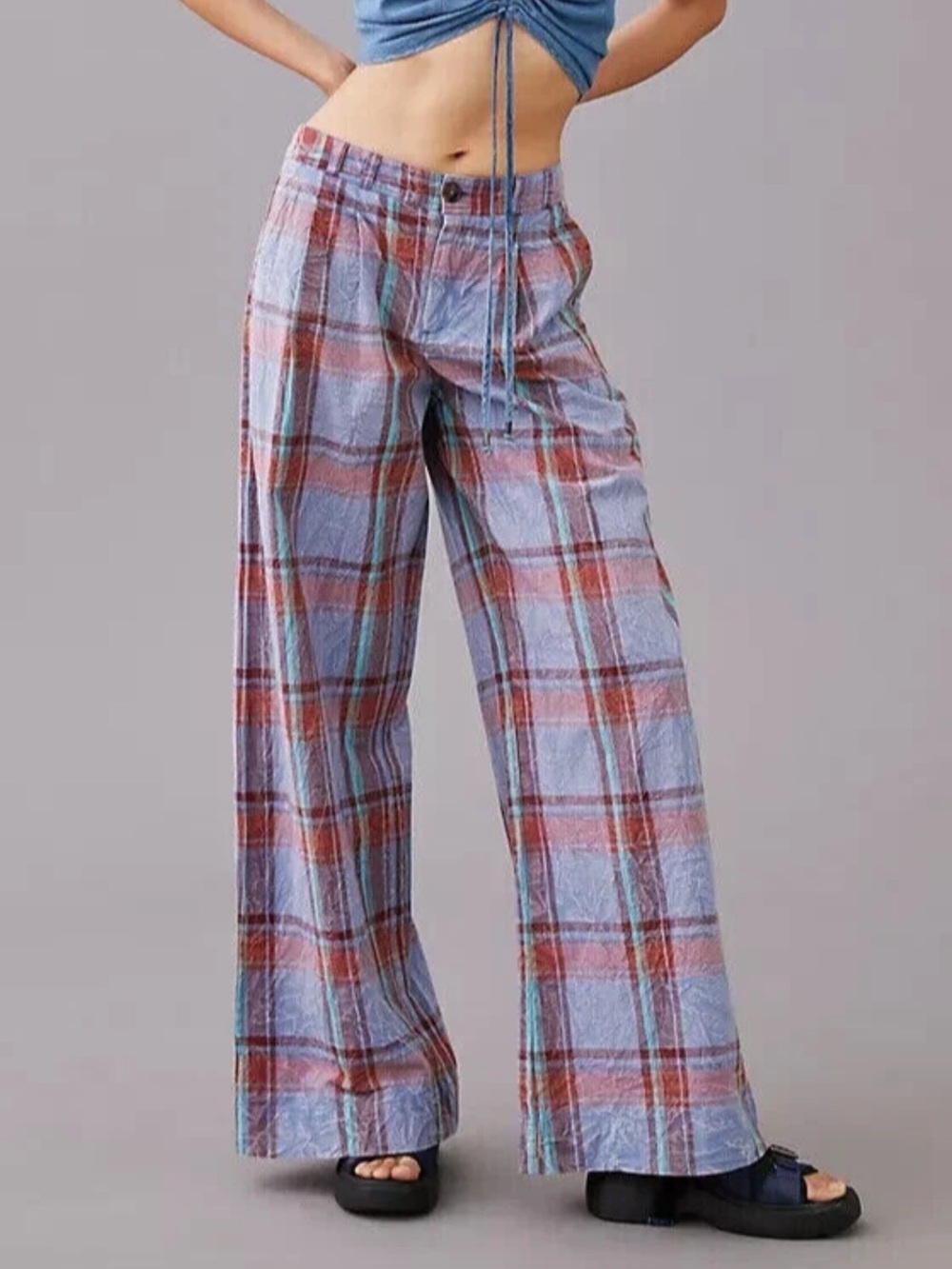 Anthropologie Wide-Leg Plaid Pants in Light Blue & Red